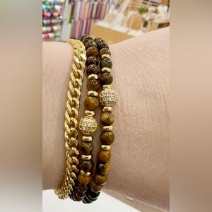 Tiger Eye Bracelets with 18k Gold Plated Cubic Zirconia